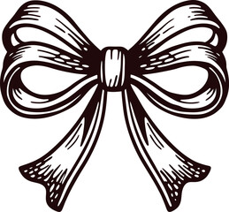Fototapeta premium Vintage engraved illustration of a decorative ribbon bow with long tails and detailed line shading