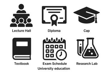 University education icons: lecture hall, diploma, cap, textbook, exam schedule, research lab