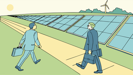 Sustainable Energy Investment: Businessmen Walking Toward Solar Farm and Wind Turbine, Line Art Illustration