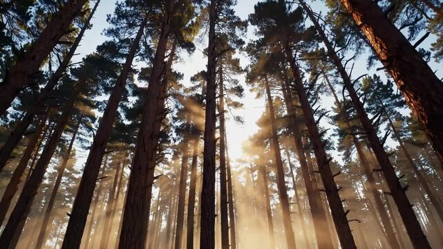 Sunlight filters through tall pine trees in a serene forest, captured from a low-angle, creating a tranquil, cinematic video atmosphere. Live desktop wallpaper.