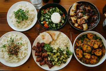 Overhead view of delicious food dishes on wooden table