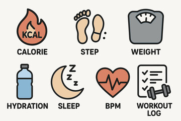 Fitness and health icons: calorie, step, weight, hydration, sleep, bpm, workout log
