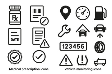 Medical prescription and vehicle monitoring icons set