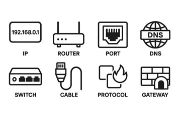Network icons: router, ip, dns, cable, gateway, protocol, port, switch