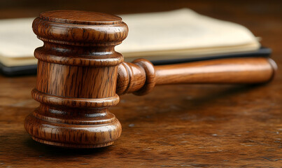 Detailed Close-Up of a Wooden Gavel and Legal Documents on a Tab