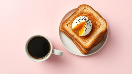 Elegant Breakfast with Coffee and Egg on Toast over Pink Background