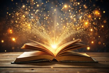 An antique book lies open on a wooden table, emitting a magical golden light and sparkles