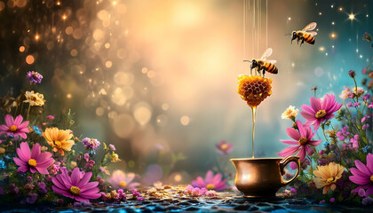 Honeycomb dripping into a golden cup, surrounded by vibrant cosm