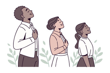 Diverse individuals in profile with closed eyes and hands on chests embodying a sense of peace gratitude and shared positive emotion