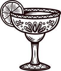 Hand drawn margarita glass with lime garnish detailed vintage etching in black and white illustration
