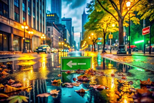 A rainy autumn night in the city, with the yellow lights of the buildings reflecting on the wet asphalt street, and a green arrow sign lying on the ground among fallen leaves - Powered by Adobe
