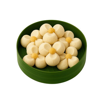 Thai kleeb lamduan dessert in banana leaf container, featuring traditional kleeb lamduan flower cookies, ideal kleeb lamduan cut out for cultural food design