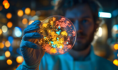 Scientist Holding Petri Dish with Glowing Bacteria, Illuminated
