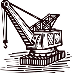 Hand drawn illustration of vintage heavy crane with rotating base and hook on white background