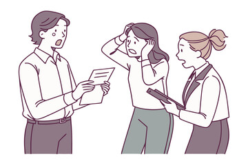 Three colleagues express shock and concern while reviewing documents and a tablet in a professional setting conveying a sense of crisis