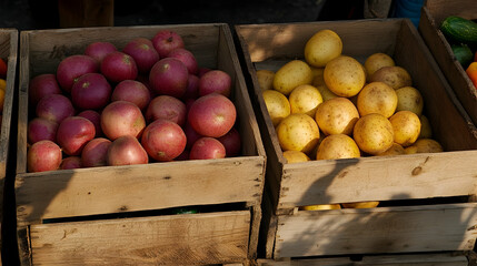 Wooden Crates Displaying Fresh Red and Yellow Potatoes at Farmer