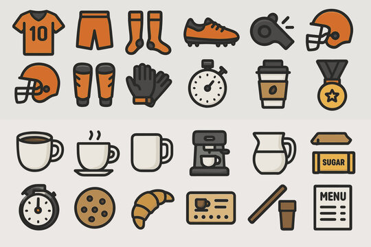 Set of stylized sports and coffee icons including equipment and drinks