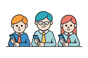 Three diverse cartoon business people in professional attire are sitting at a table each engrossed in their smartphones highlighting modern communication