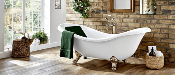 Elegant Freestanding Clawfoot Bathtub in a Rustic Bathroom