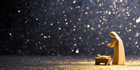 Christmas nativity scene with wooden Mary and baby Jesus. Religious Christian holiday concept. Biblical story for cards