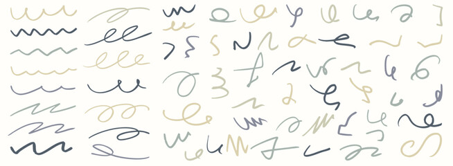 ラインのストロークセット - 直線、波線、ぐるぐるした落書きや粗いエッジと凹凸のある質感の手描きデザインのイラスト
