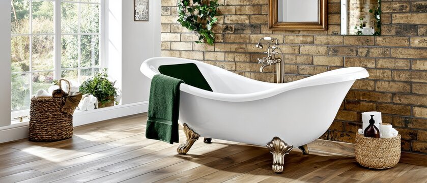 Elegant Freestanding Clawfoot Bathtub in a Rustic Bathroom