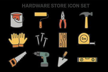 Obraz premium Hardware store icon set with tools and equipment on black background