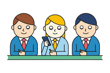 Three cartoon business professionals two men and one woman sitting at a desk with a phone and notepad engaged in work activities