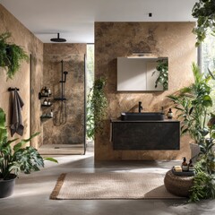 Luxurious Modern Bathroom Design with Lush Greenery and Dark Accents