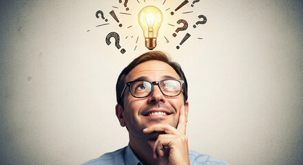 A man with glasses looking up at a light bulb surrounded by question and exclamation marks above him