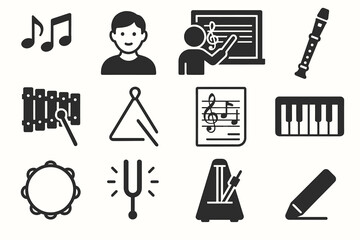 Fototapeta premium Music education icons: instruments, notes, teacher, student, composer