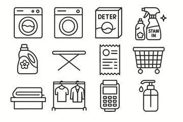 Laundry icons: washer, detergent, ironing board, basket, payment, soap dispenser
