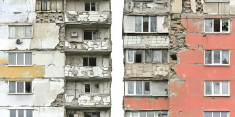 Dilapidated apartment buildings showcasing architectural neglect and structural damage