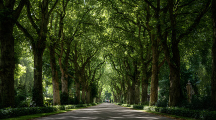 Serene Tree-Lined Avenue with Sunlit Canopy and Endless Natural Beauty