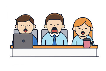 Fototapeta premium Three cartoon office workers yawning widely while sitting at their desks with a laptop and coffee cup