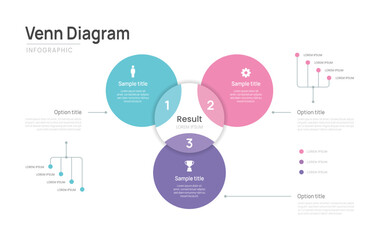 Venn diagram business infographic circle chart template 3 options, presentation with venn diagram elements vector illustration.