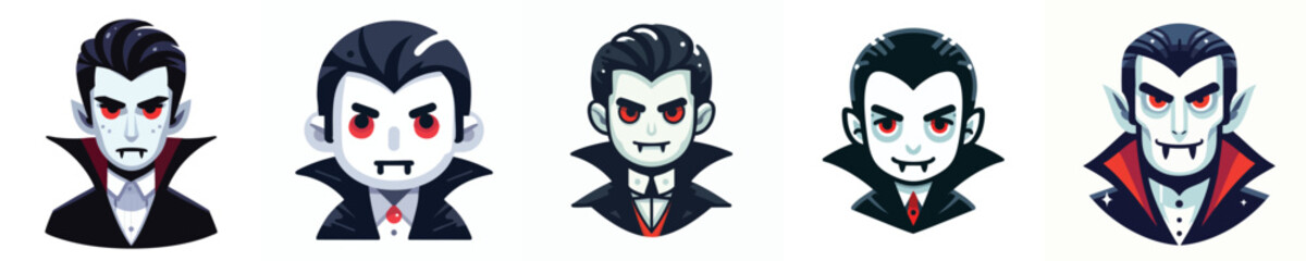 Dracula Face Icon Set | Flat Cartoon Vampire Heads for Halloween