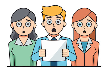 Three diverse colleagues express shock and surprise while reading important document together in a professional setting