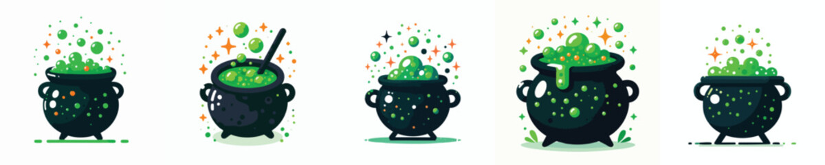 Witch Cauldron Vector Set | Bubbling Potion Cartoon Icons for Halloween