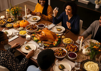 Happy diverse family and friends celebrating Thanksgiving with a festive holiday feast at home.