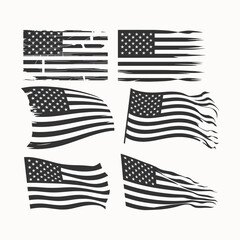 Collection of Distressed and Flowing American Flags in Black and White for Patriotic, Grunge, and Vintage Themes
