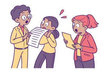 Three diverse colleagues express shock and surprise while reviewing important documents together in a modern office setting