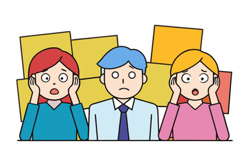 Three cartoon people with shocked expressions covering their ears against a background of colorful sticky notes representing information overload or bad news