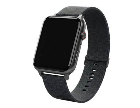 Modern smart watch with dark fabric band isolated on transparent background