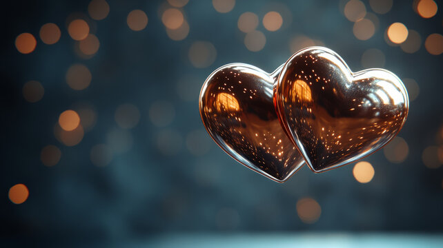 Two metallic hearts with glowing bokeh lights in the background.