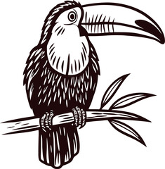 Fototapeta premium Hand drawn toucan perched on branch vintage engraved tropical bird illustration with bold black lines