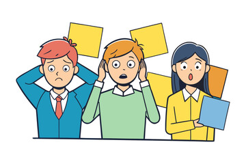 Three stressed cartoon office workers with blank yellow sticky notes behind them expressing shock and confusion in a business setting