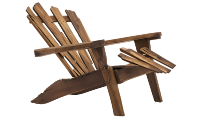 Rustic charm: Weathered wooden Adirondack chair against a dramatic black backdrop