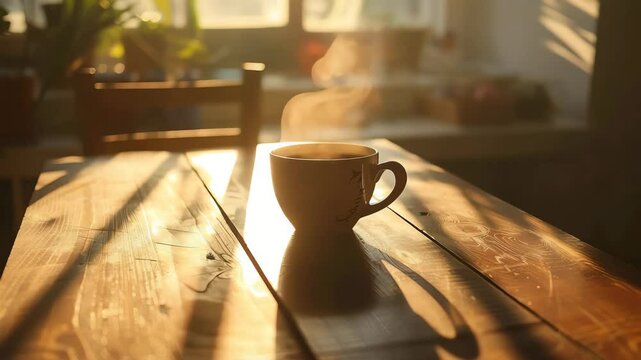 Warm cup of coffee on a wooden table.