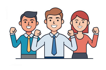 Three diverse business professionals celebrating success together with raised fists in a show of unity and achievement